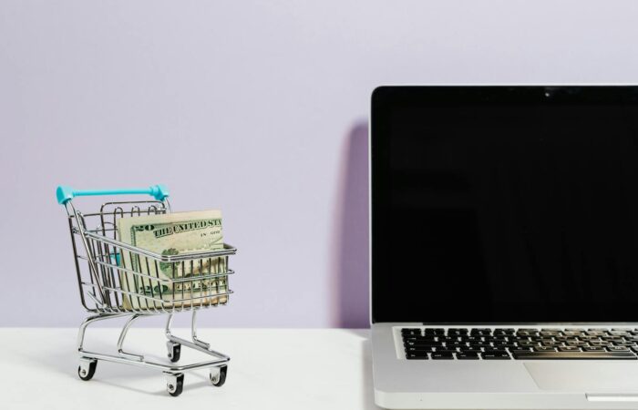 Shopping cart with money next to a laptop symbolizing online shopping and e-commerce.