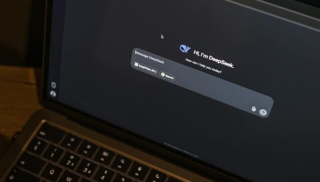 A laptop on a wooden table shows an AI chat interface, featuring the DeepSeek chatbot in action.