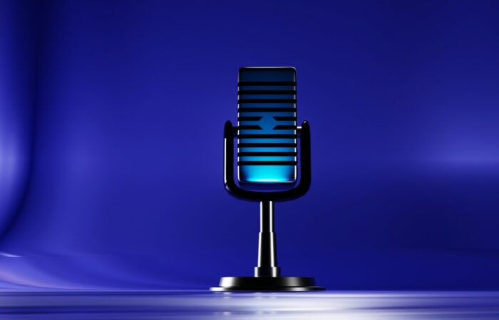 A microphone on a stand on a blue background